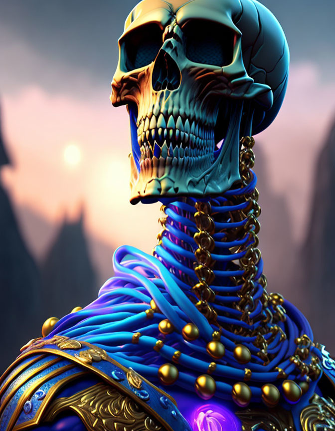 Stylized digital artwork: Skeleton in gold-trimmed robe & necklaces, against mountainous