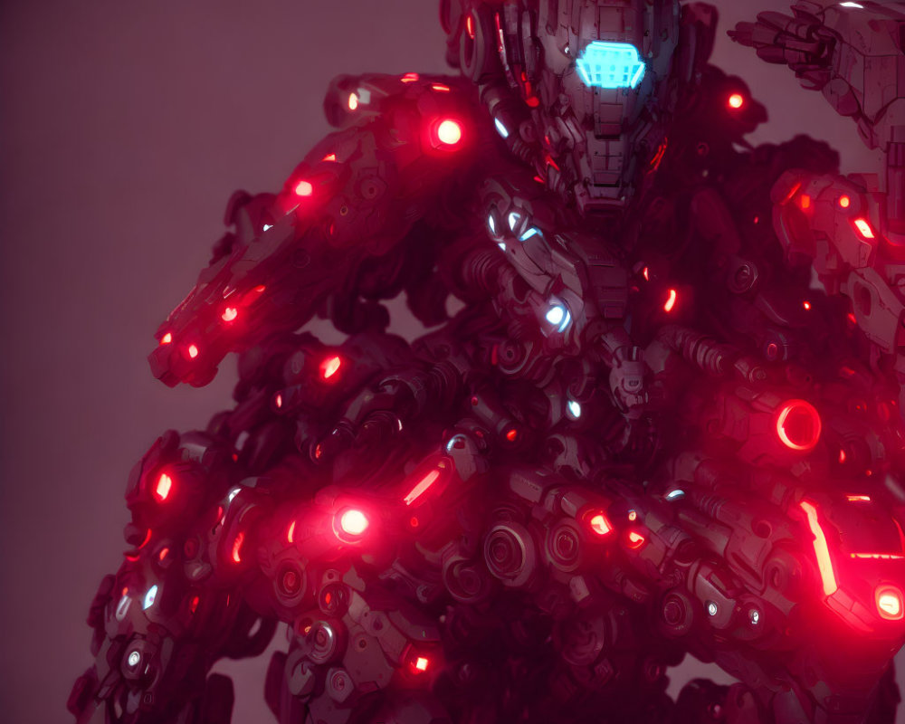 Futuristic red and grey robot with glowing lights on pink background