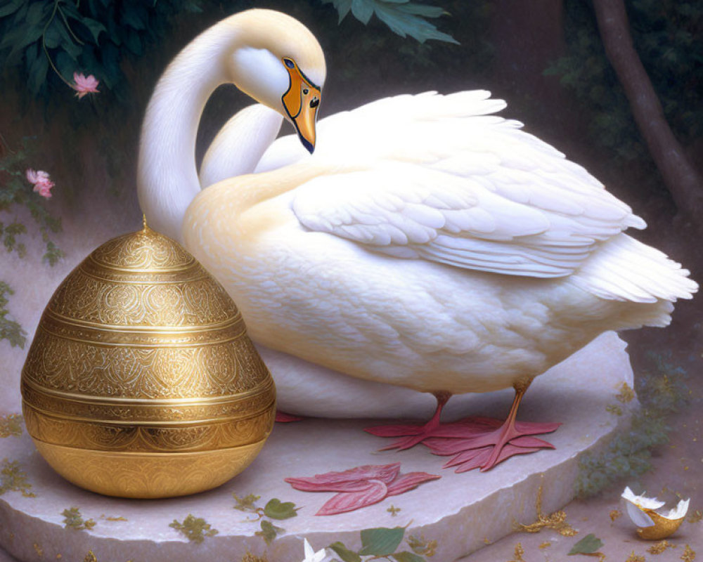 White Swan with Golden Egg Among Petals and Coins in Serene Setting