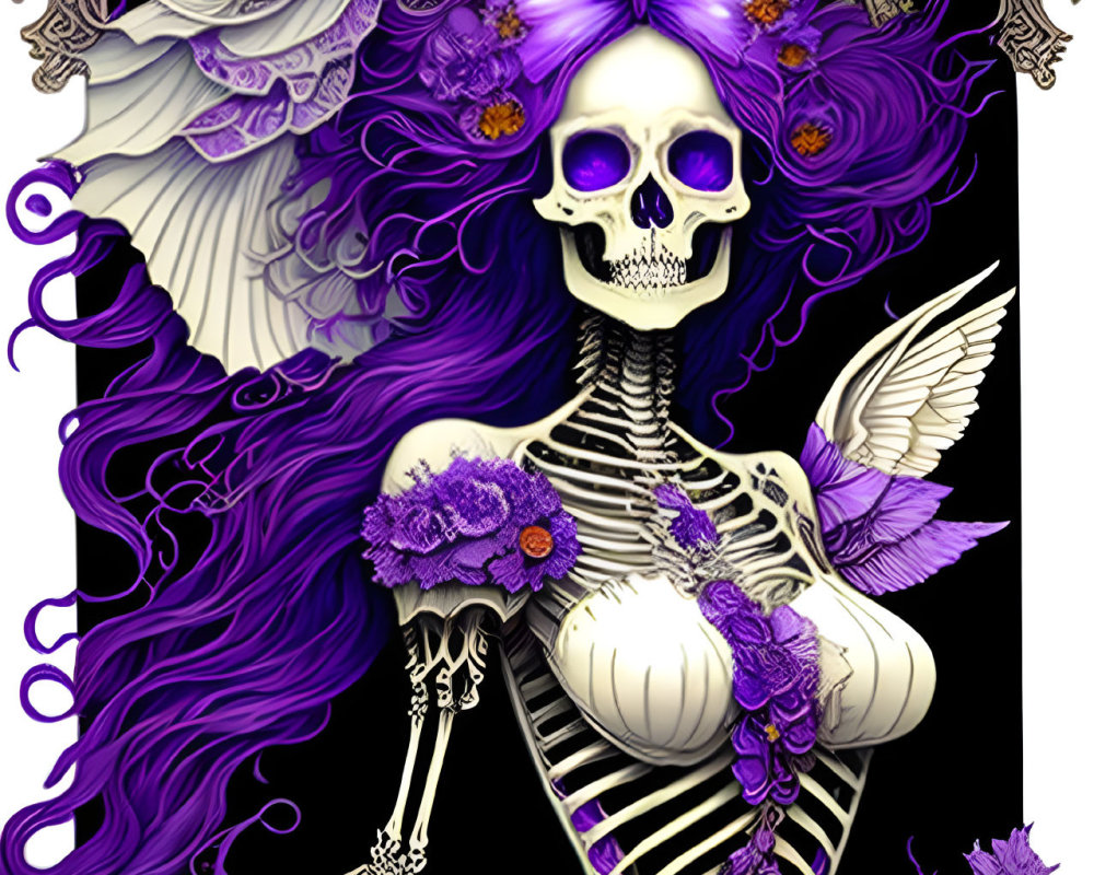 Skeleton illustration with purple accents, long hair, flowers on black background