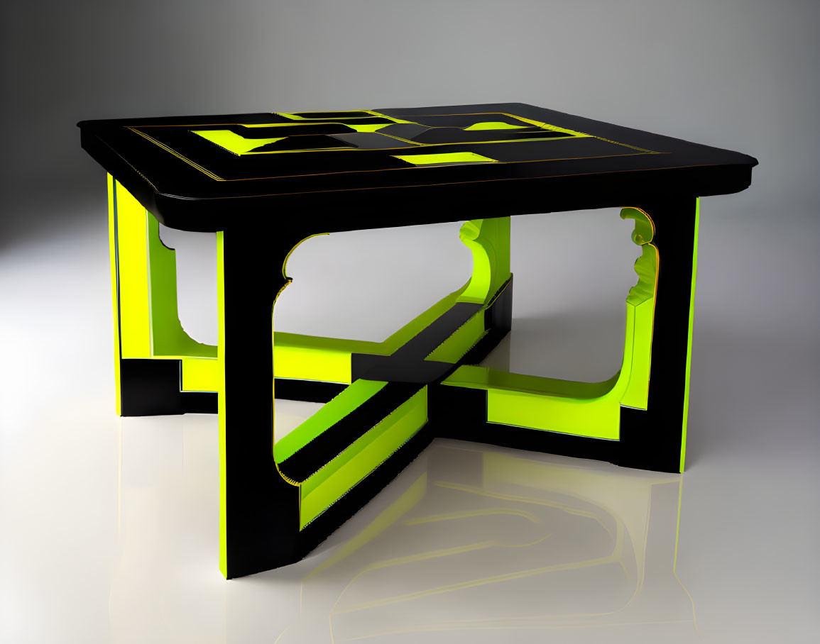 Sleek Black Table with Neon Green Accents & Intricate Leg Design