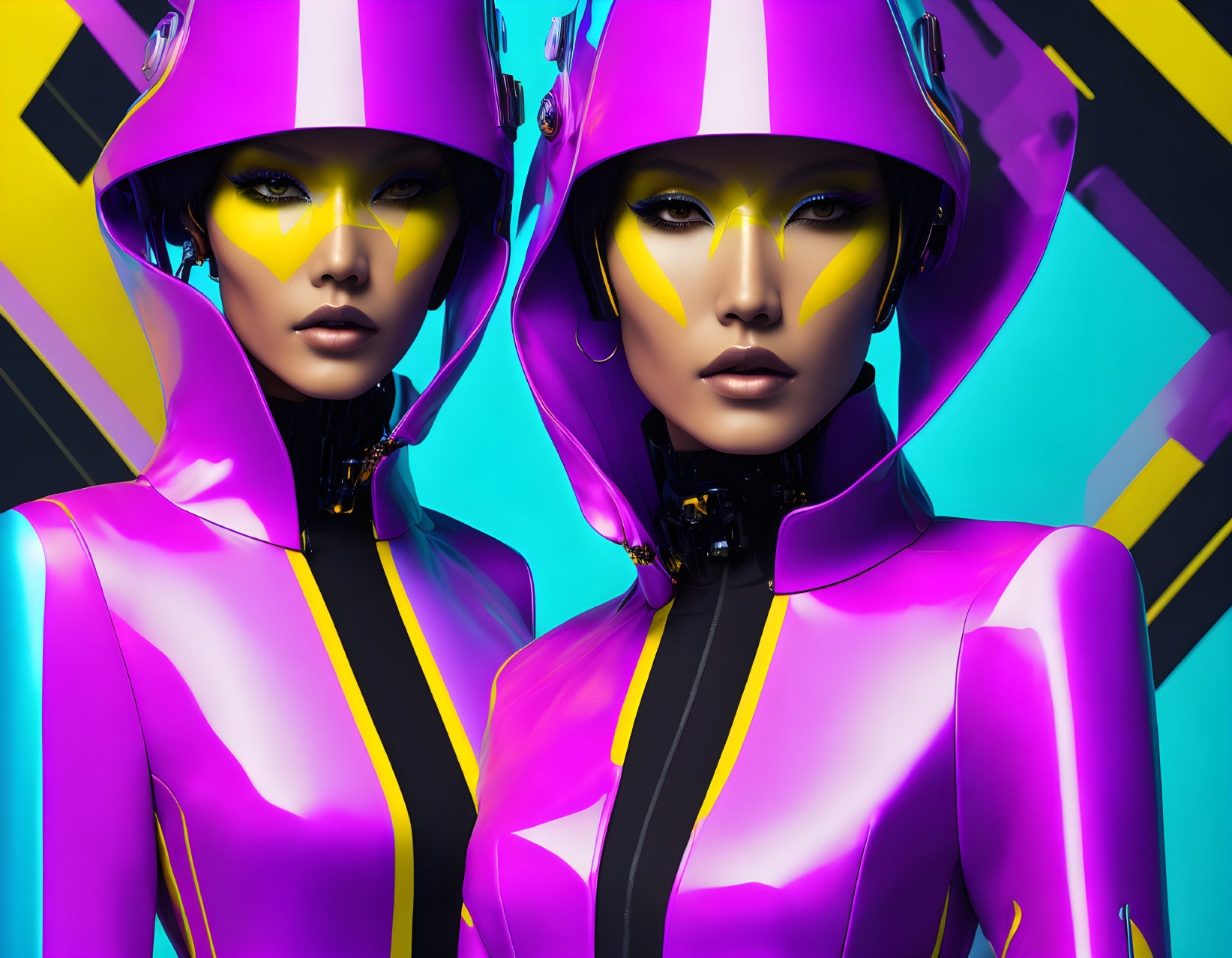 Stylized female figures in futuristic pink and yellow outfits on geometric background