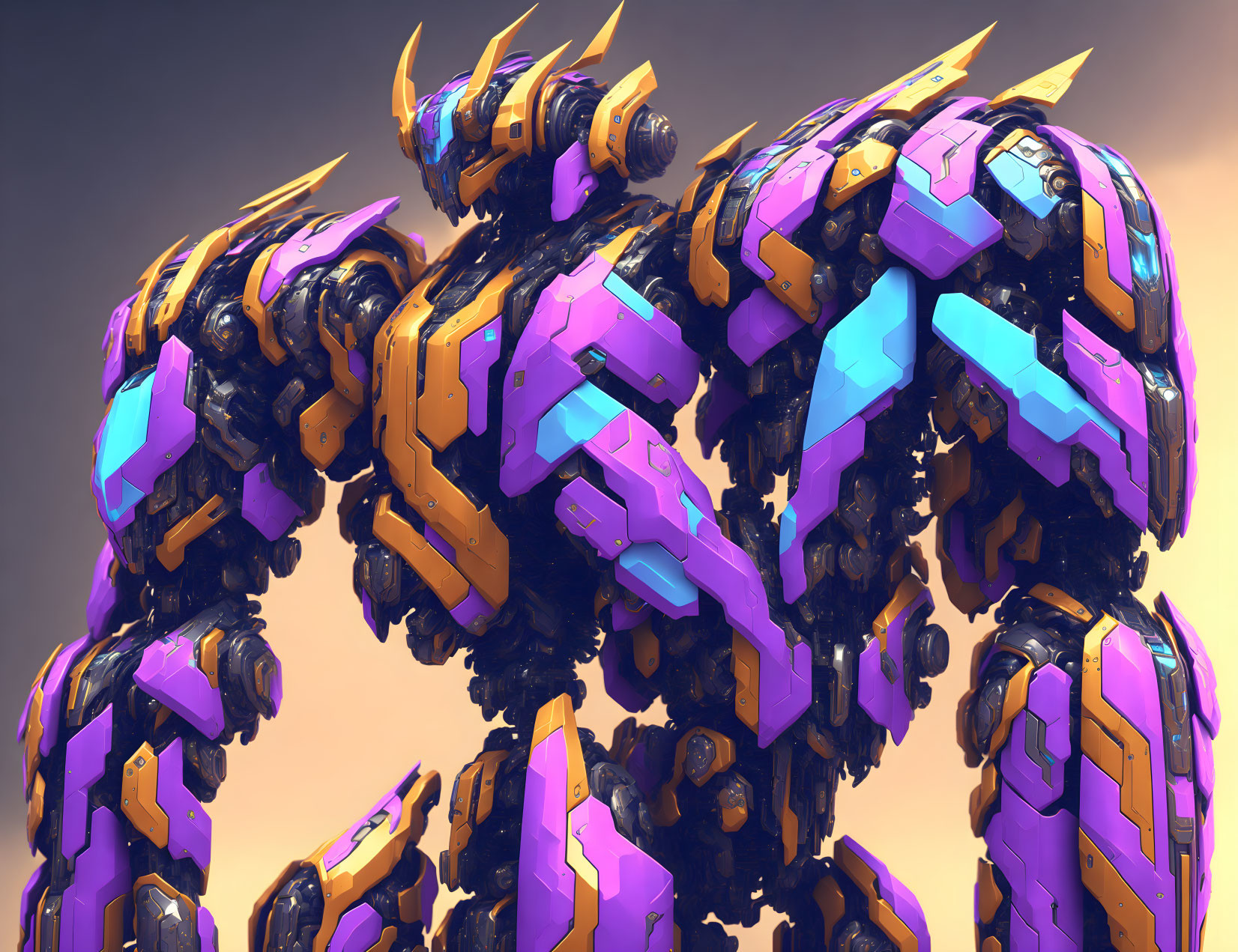 Futuristic robots in purple and gold armor touching foreheads