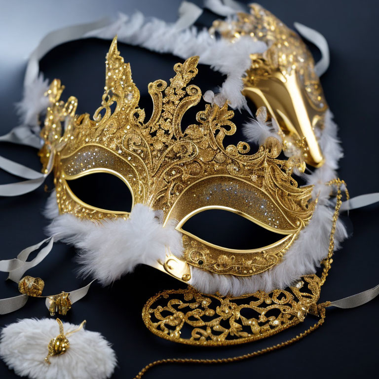 Golden Venetian Mask with Feathers and Glittering Details