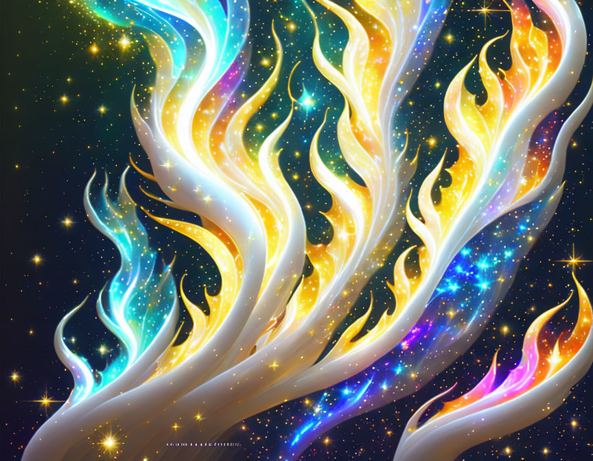 Colorful cosmic ribbons in starry space backdrop