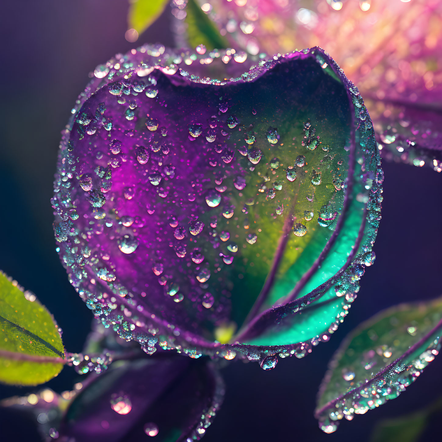 Vibrant purple leaf with sparkling dewdrops on bokeh background