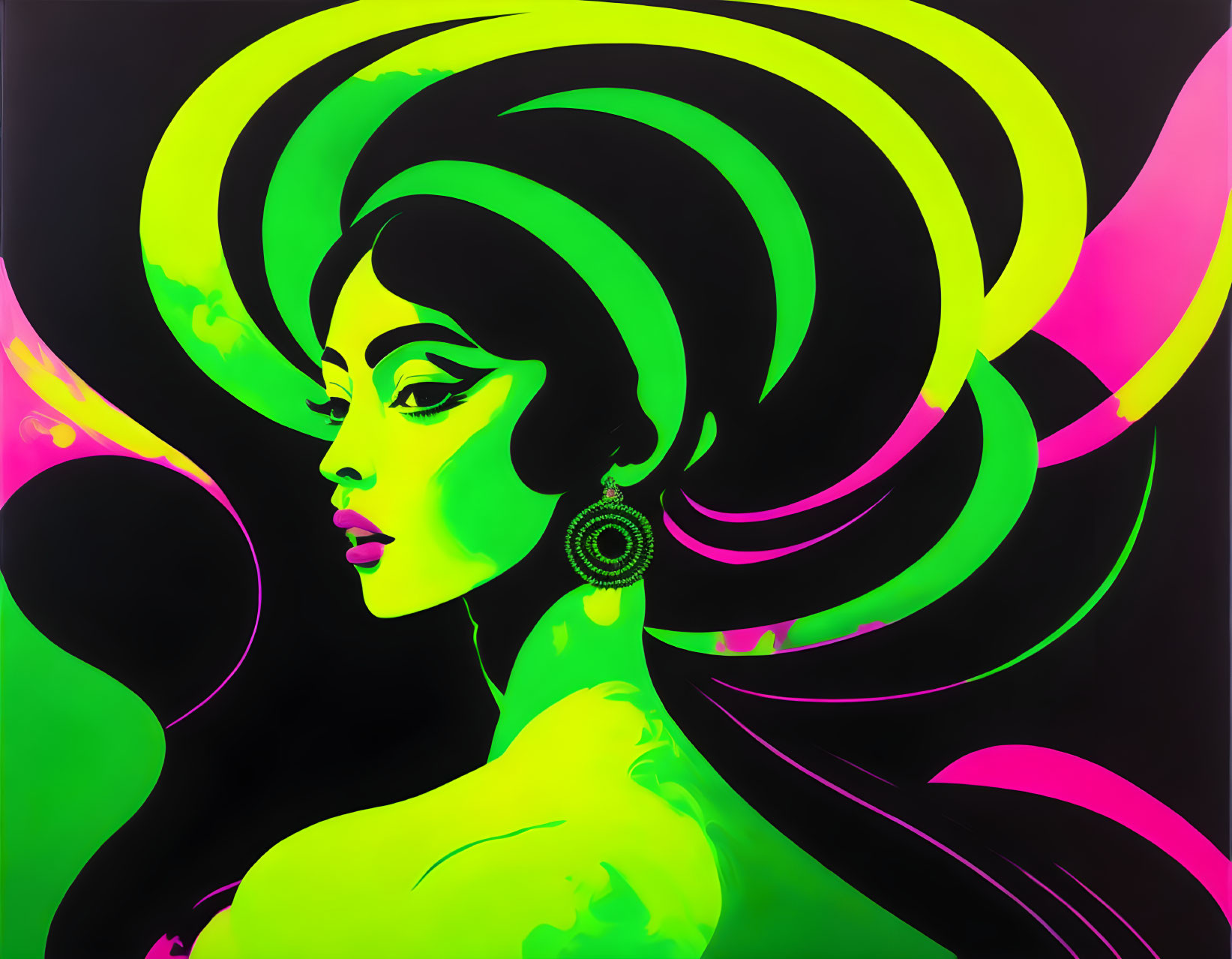 Colorful digital art of woman with neon green and pink swirls on black background