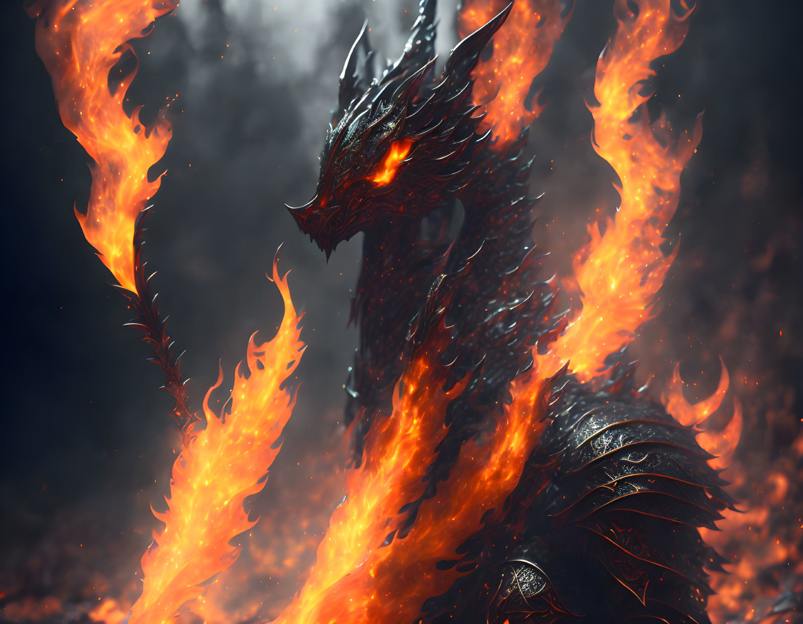 Flaming dragon with dark scales and glowing eyes