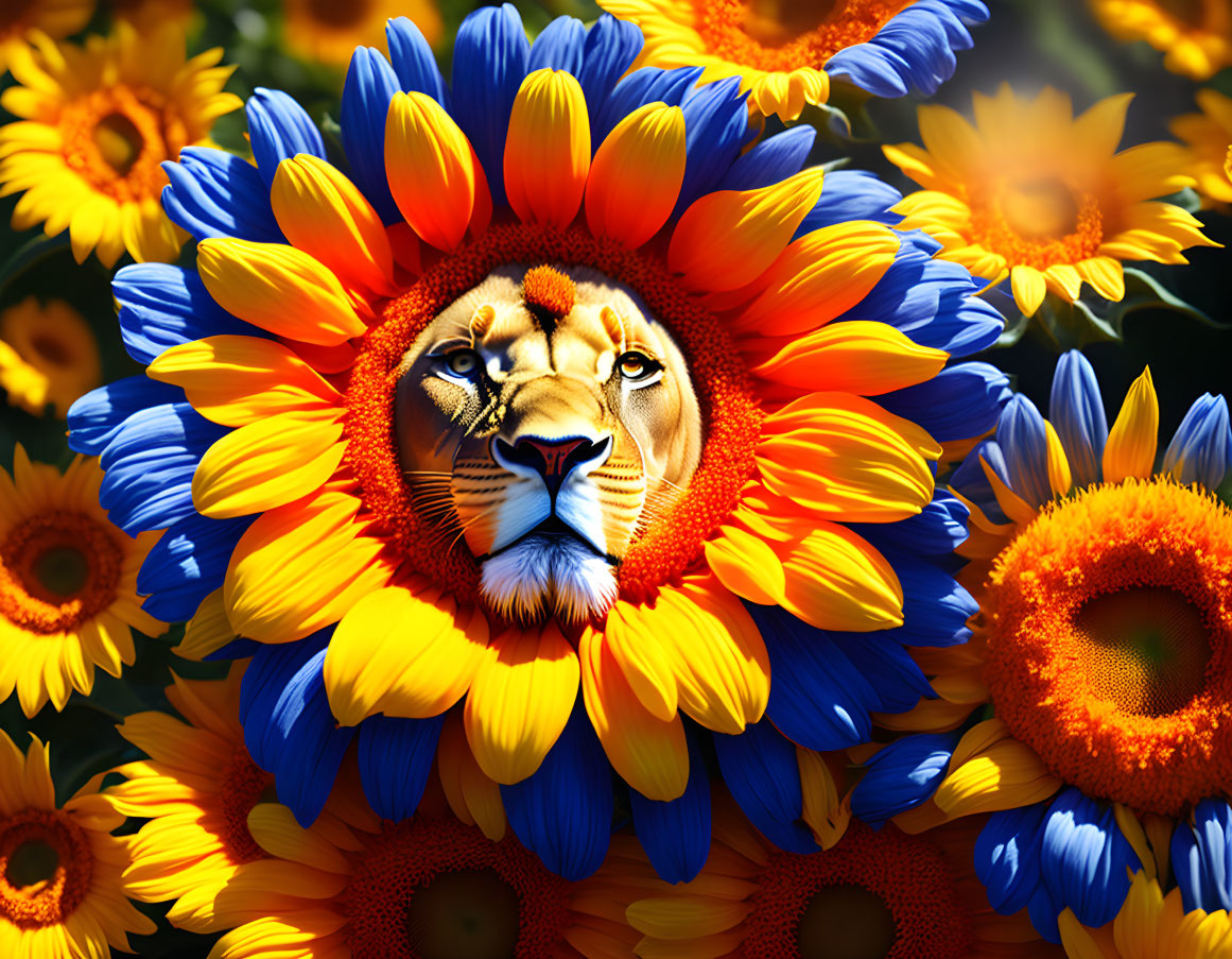 Lion's face blended with sunflower on vibrant background