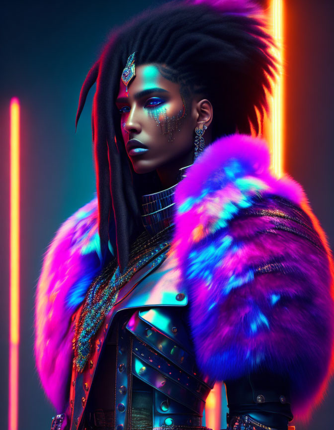 Fashionable individual with bold makeup, mohawk hairstyle, purple fur cloak, and jewelry under neon