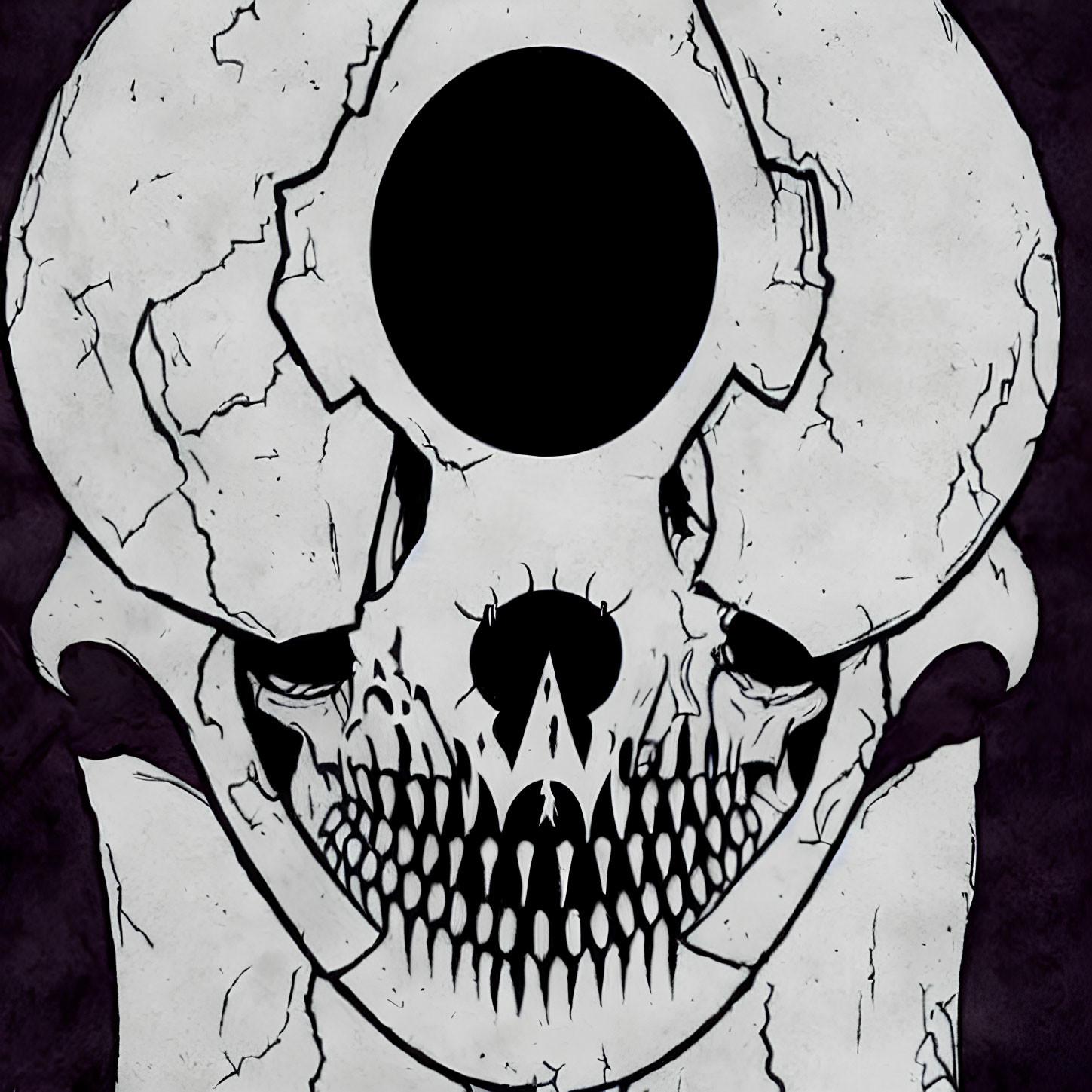 Stylized skull with large eye sockets and sharp teeth on cracked purple background