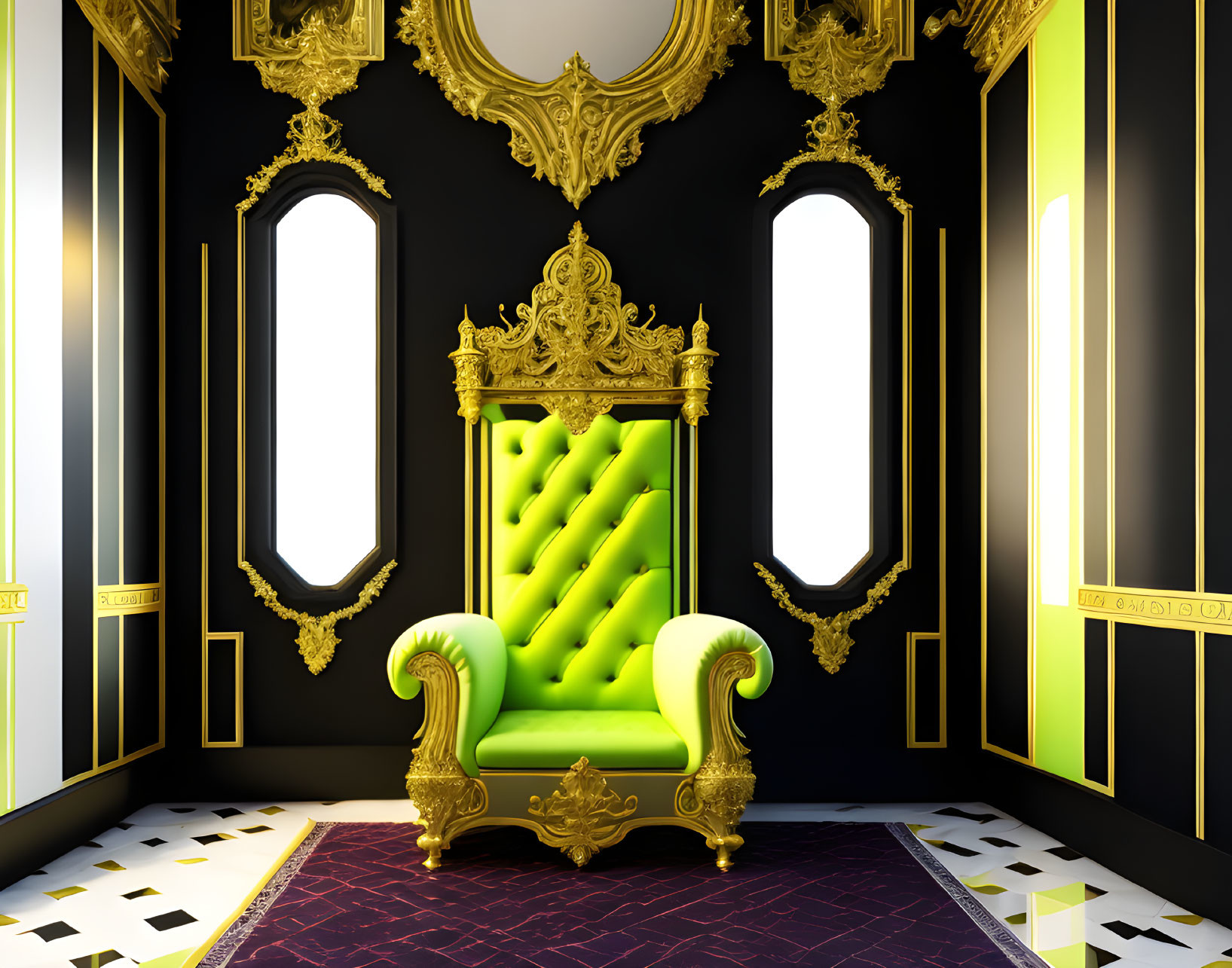 Luxurious Green Velvet Throne Room with Golden Ornaments