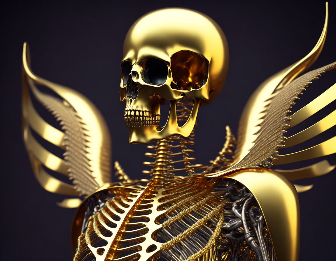 Golden Skull and Skeleton with Wing-Like Structures on Dark Background