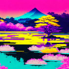 Neon pink and blue glitch-art landscape with distorted trees and water reflections