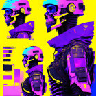 Vibrant digital artwork: humanoid skulls in futuristic design on yellow backdrop