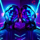 Neon-lit backdrop with two people mirroring each other in headphones