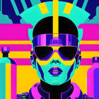 Colorful Pop Art Style Illustration of Person with Futuristic Sunglasses and Headgear