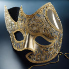 Golden Venetian Mask with Feathers and Glittering Details