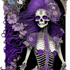 Skeleton illustration with purple accents, long hair, flowers on black background