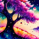 Colorful tree illustration under starry sky with birds and full moon