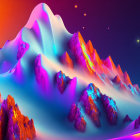 Surreal landscape digital artwork with snowy peaks and neon colors