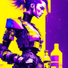 Female cyberpunk character with robotic arms and purple-yellow neon theme