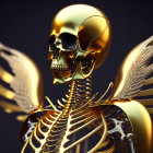 Golden Skull and Skeleton with Wing-Like Structures on Dark Background