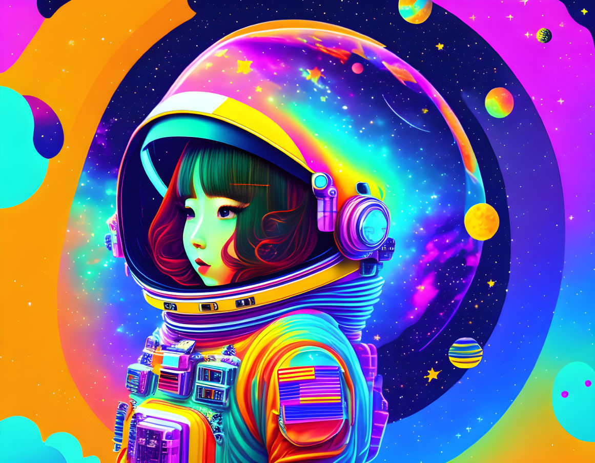 Vibrant female astronaut in space helmet with cosmic background