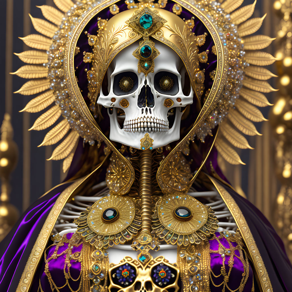 Regal skeleton adorned with golden crown and jewels on blue background