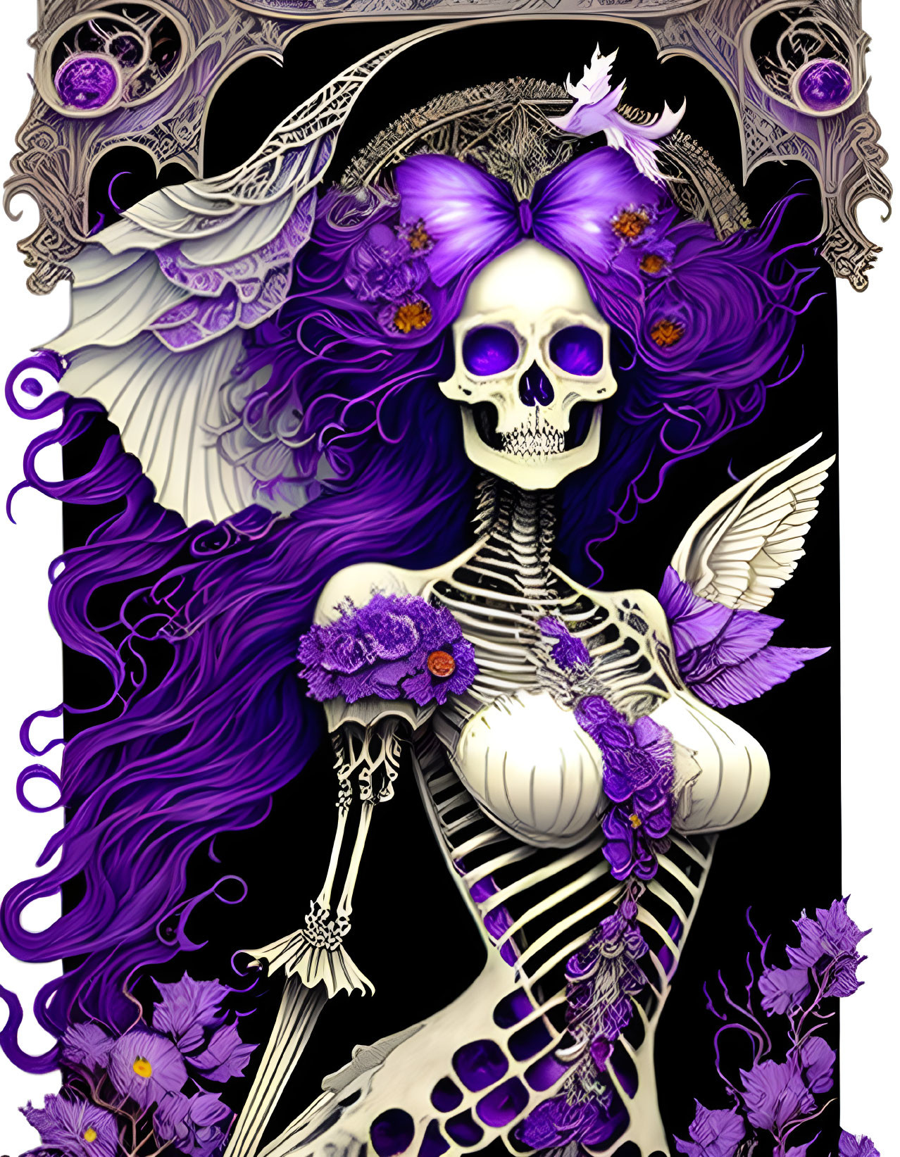 Skeleton illustration with purple accents, long hair, flowers on black background