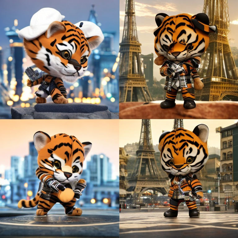 Animated tiger character in chef's hat and scarf poses with Eiffel Tower backdrop