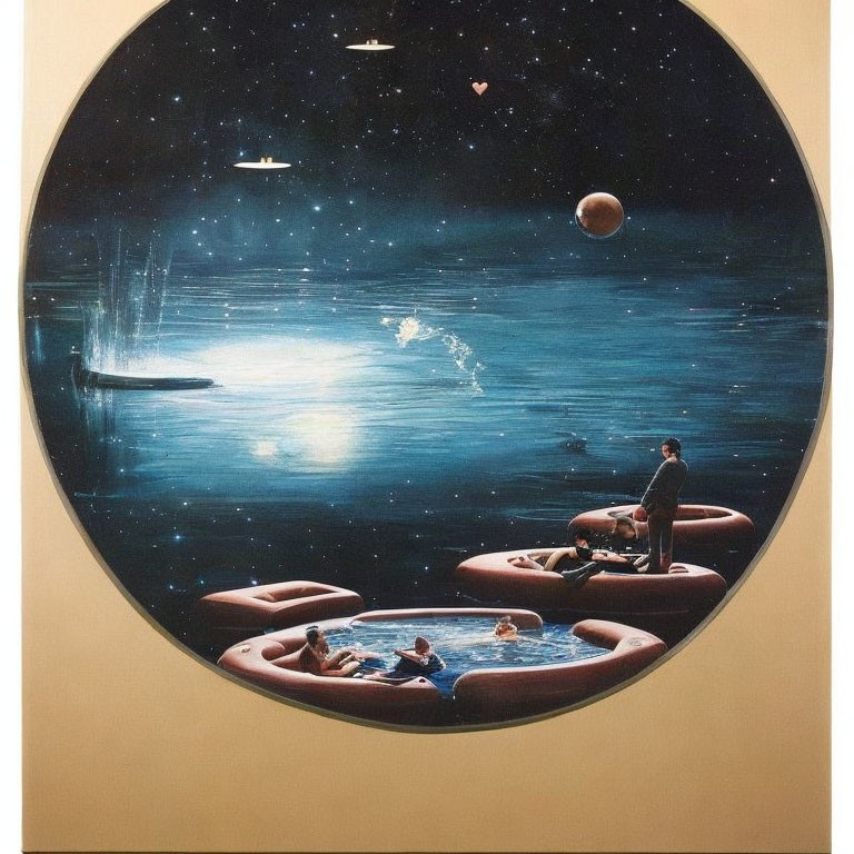 People on circular floats in space-themed pool