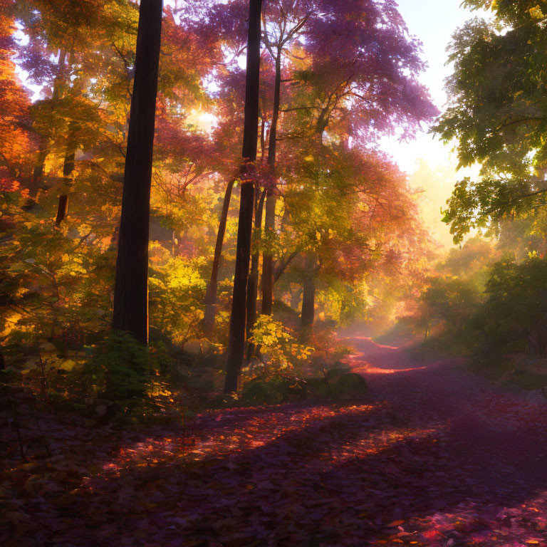 Tranquil forest scene with warm pink and golden hues amid autumn trees