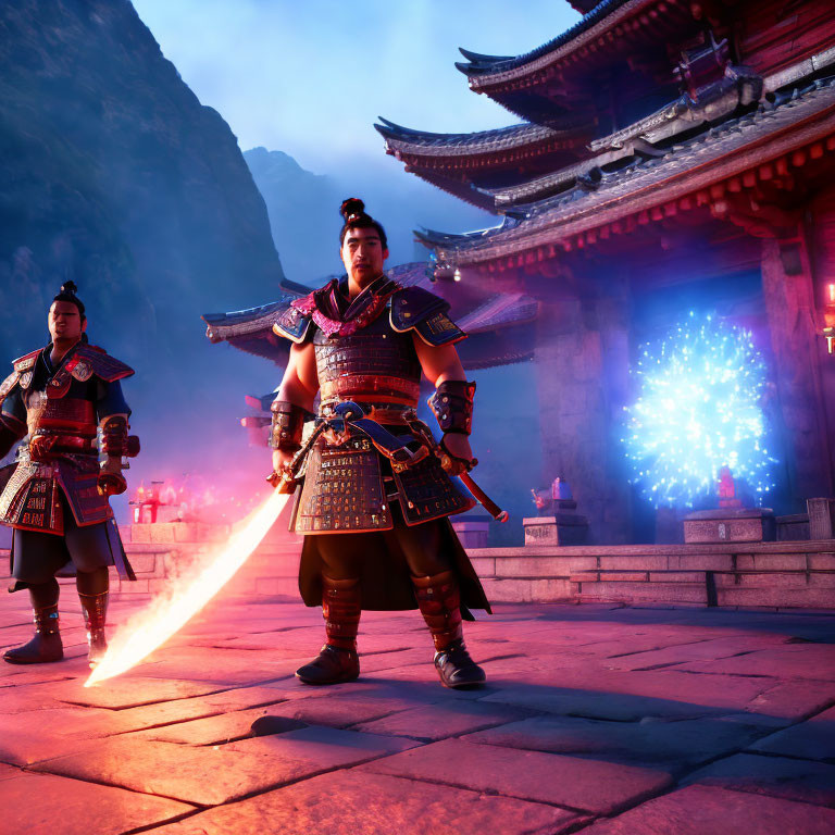 Three warriors in traditional armor with mystical sword and fireworks.