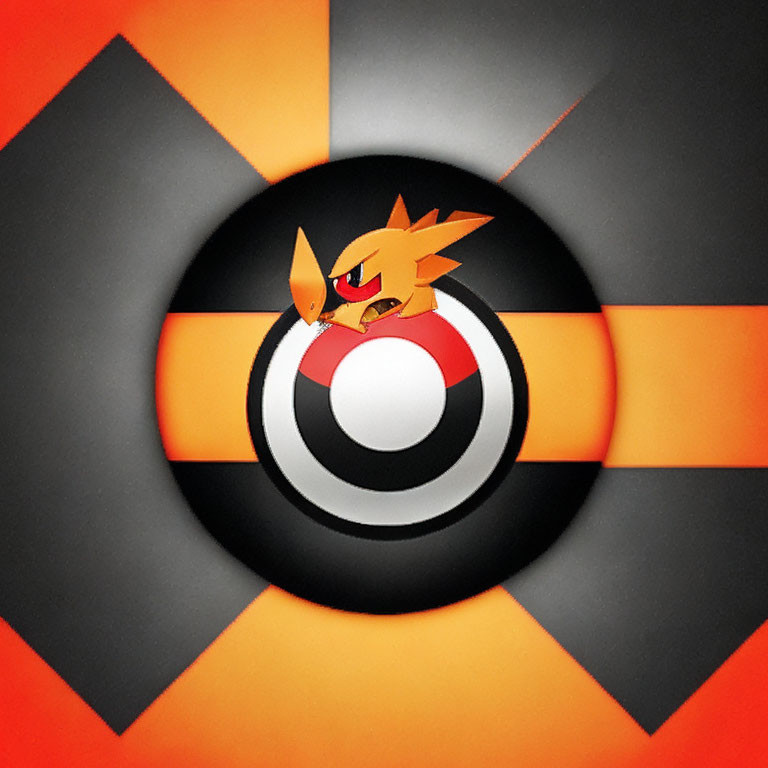 Pokemon-themed Ultra Ball with Flareon on black and red geometric background.