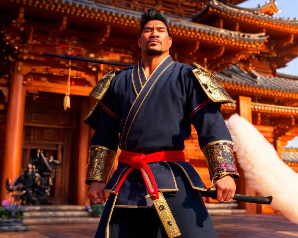 Traditional Japanese man with sword at vibrant temple