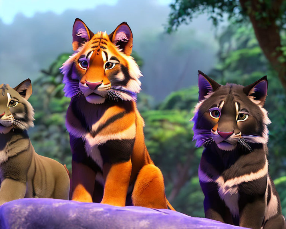 Three animated tigers with expressive eyes on rock in lush jungle