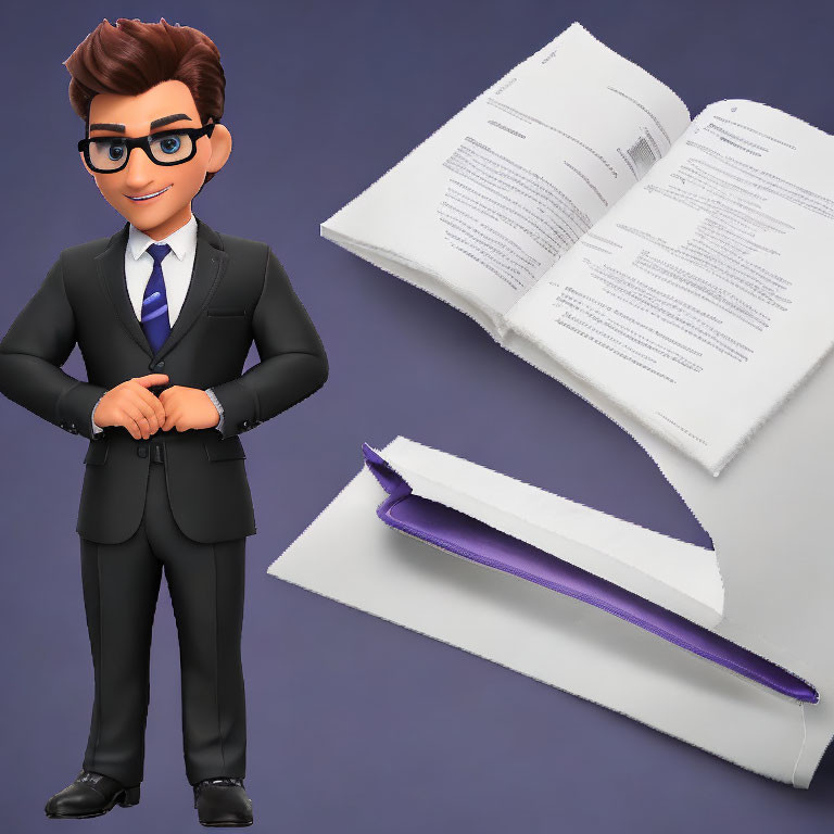 Brown-haired character in glasses, black suit, next to open book