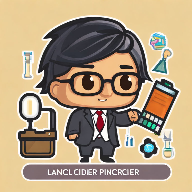 Character with glasses and suit holding color samples in lab setting.