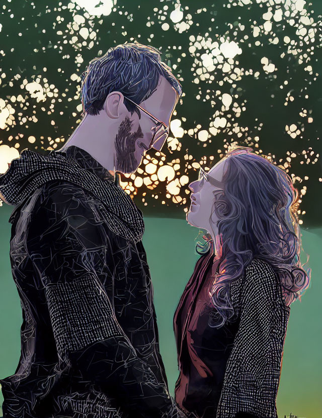 Two individuals in profile against bokeh light background, showcasing clothing textures and hair details.