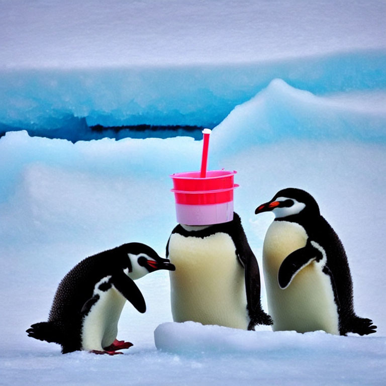 Three penguins on ice observing a pink drink with a straw on a glacial background