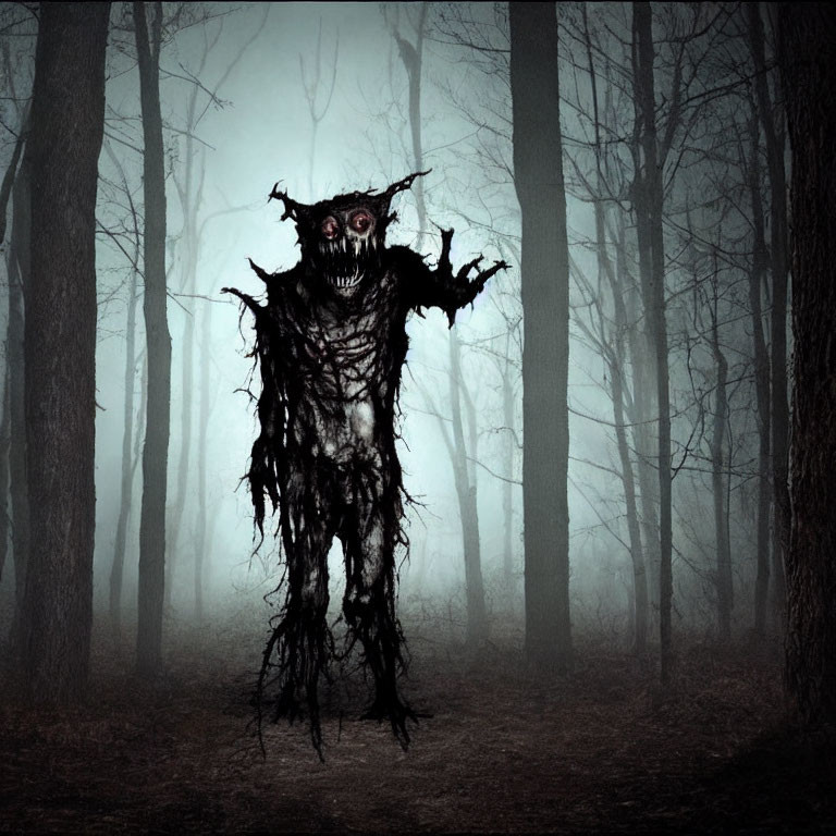 Menacing creature with red eyes in foggy forest scene