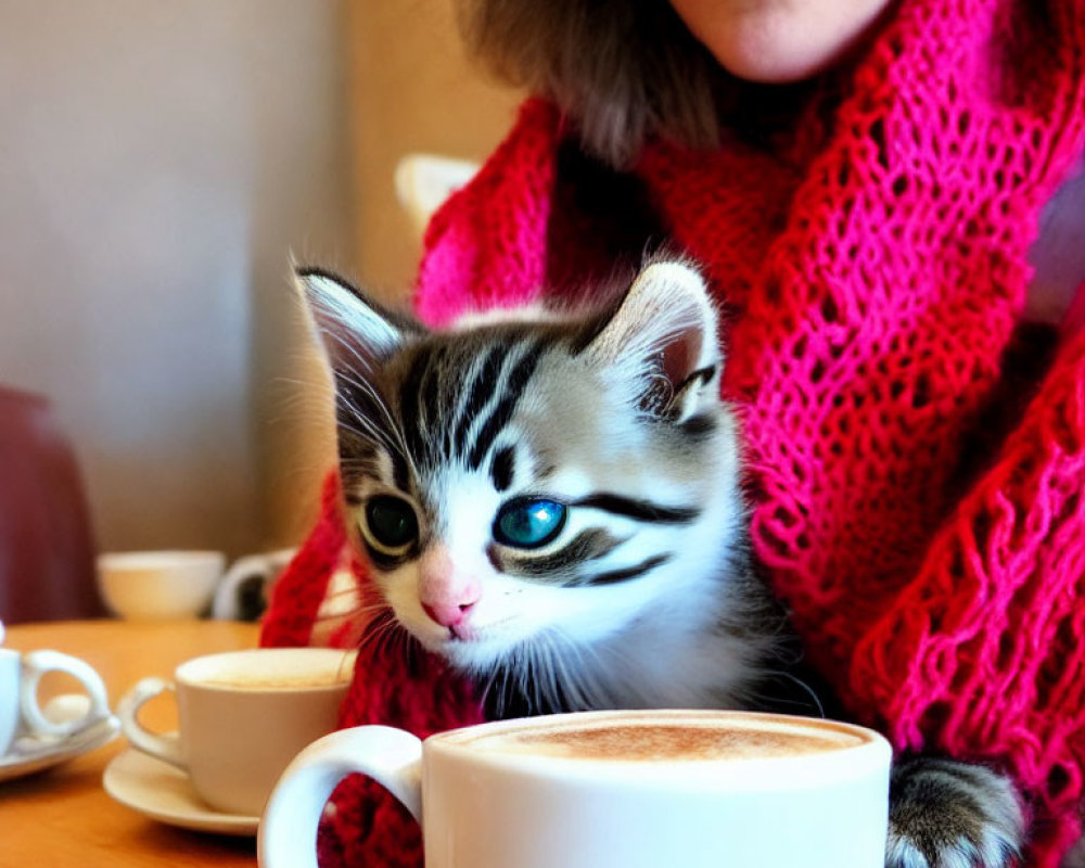 Person in red scarf with curious kitten behind coffee cup at table