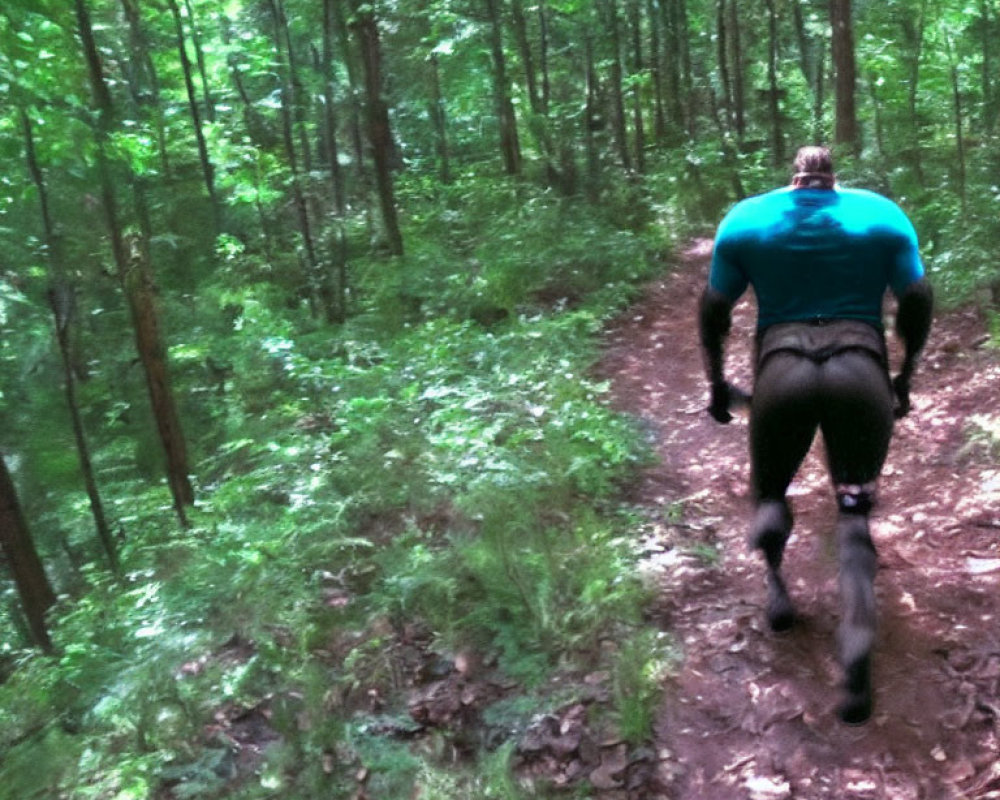 Person in superhero costume walking in lush green forest