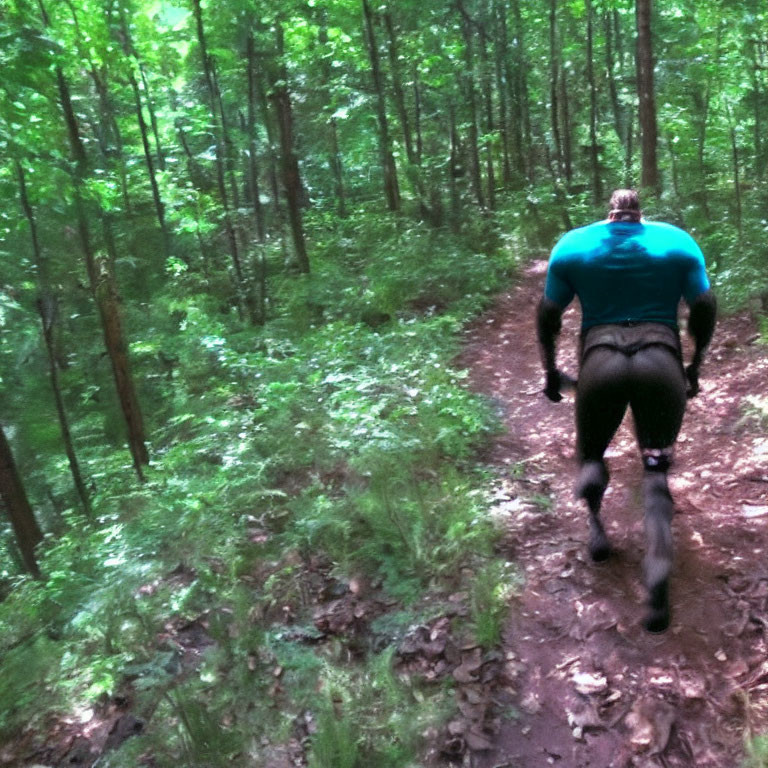 Person in superhero costume walking in lush green forest