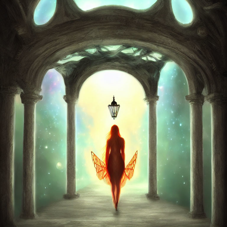 Silhouetted figure with wings in arched corridor under luminous sky