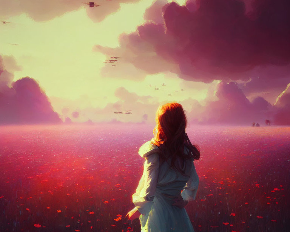 Girl in Vibrant Poppy Field with Helicopters in Dramatic Sky