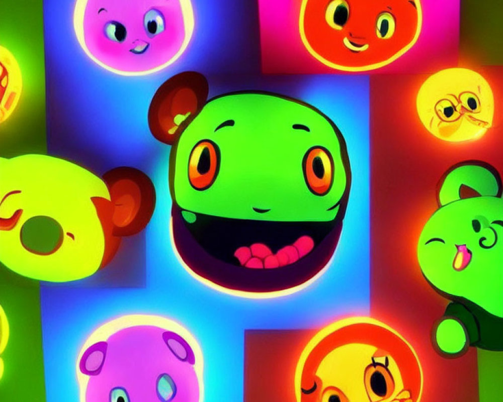 Vibrant Cartoon-Style Faces Against Neon Backgrounds