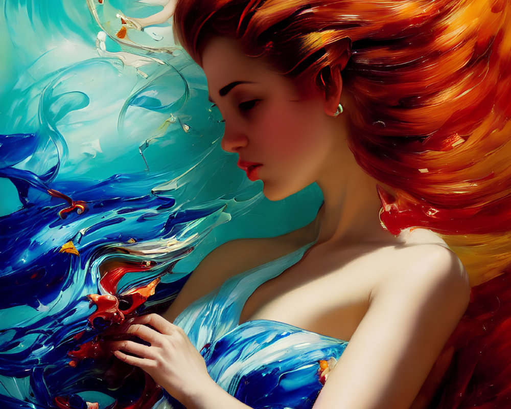 Woman's Side Profile with Flowing Red Hair in Blue and Gold Abstract Swirl