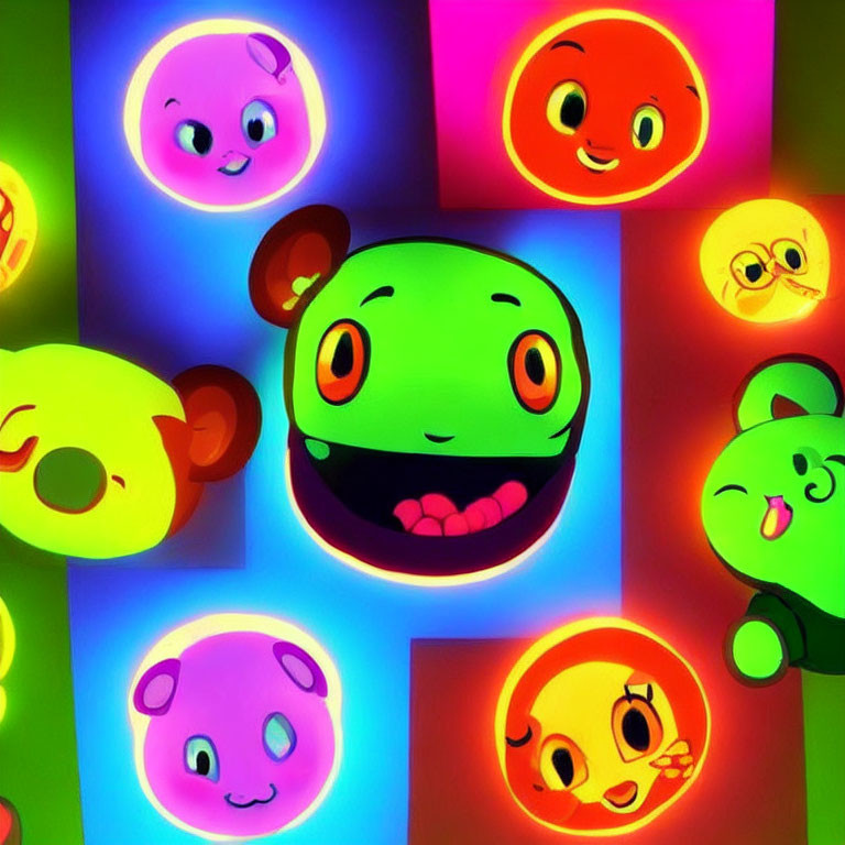 Vibrant Cartoon-Style Faces Against Neon Backgrounds